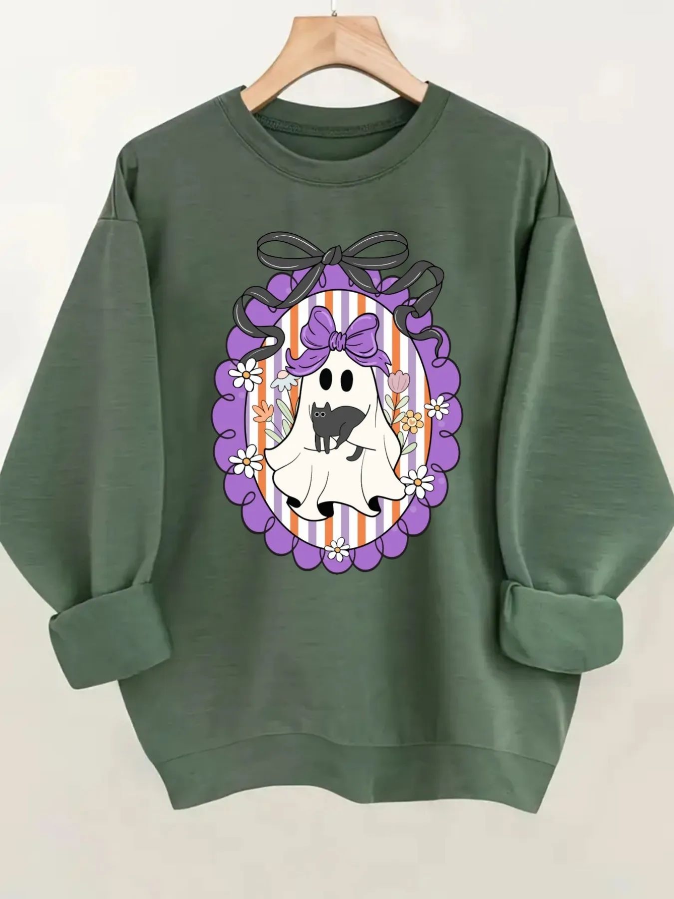 Women's Crew Neck Pullover Sweatshirt Ghost Cat Frame Design, Soft Casual Long Sleeve, Daily Casual Top Outfit, Winter Women's Clothing, Halloween Costume Outfit