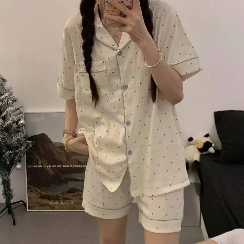New Women Summer Pajama Set Girl Collared Cardigan Printed Short Sleeve Short Student Casual Wear Woman Home Outfit Lady Outdoor