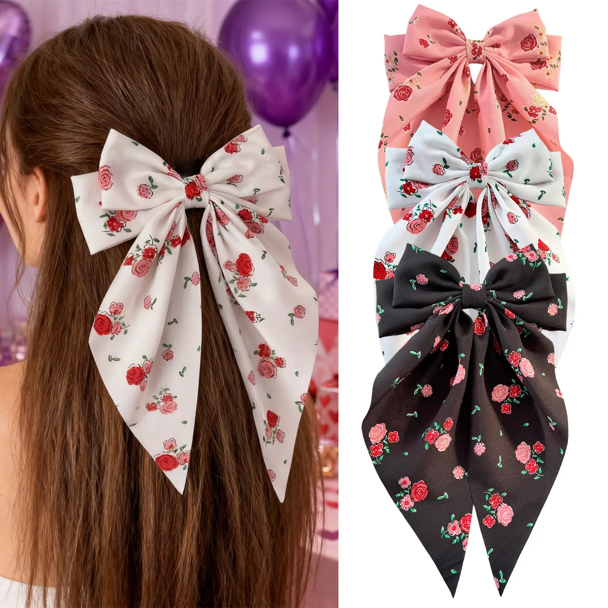 

Rose Bowknot Hairpin for Women Sweet Flower Design Long Ribbon Spring Clip Valentine's Day Romantic Hair Styling Accessories New