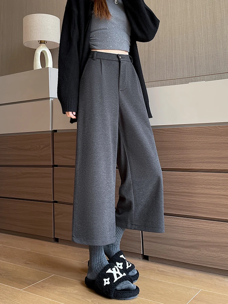 Hoge taille rechte pijp wollen casual broek dames herfst winter mode afslankende wijde pijpen broek (7 voet)