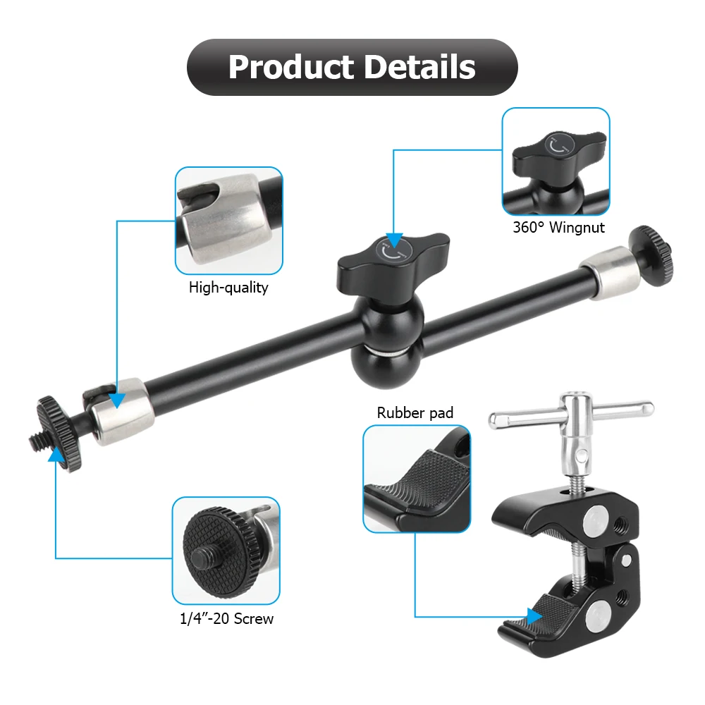 CAMVATE مشبك فائق مع خيط 1/4 بوصة و3/8 بوصة وقوة احتكاك قابلة للتعديل ذراع سحري لأضواء كاميرا المراقبة