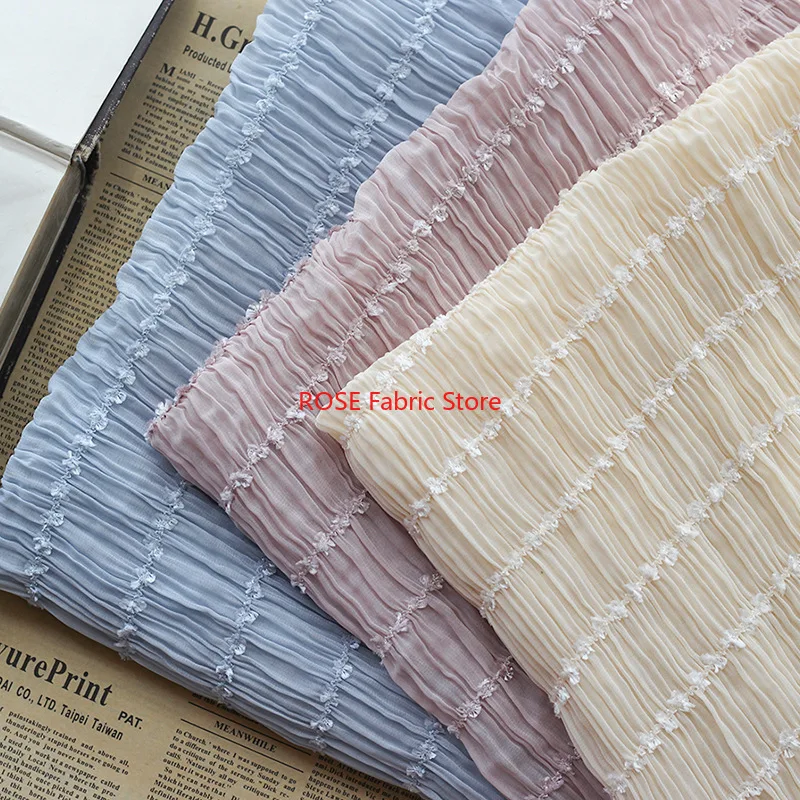 

Stripe Pleated embroidered tulle Chiffon fabric Wedding Dress, Summer Blouse, Evening Wear, Houte Couture