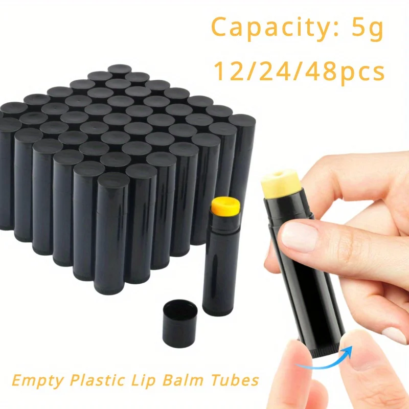 12/24/48 قطعة أنابيب بلسم الشفاه زجاجة أحمر الشفاه الفارغة القابلة لإعادة الملء مستحضرات التجميل عينة الحاويات أنابيب ملمع الشفاه البلاستيكية (أسود 5 جرام) #1