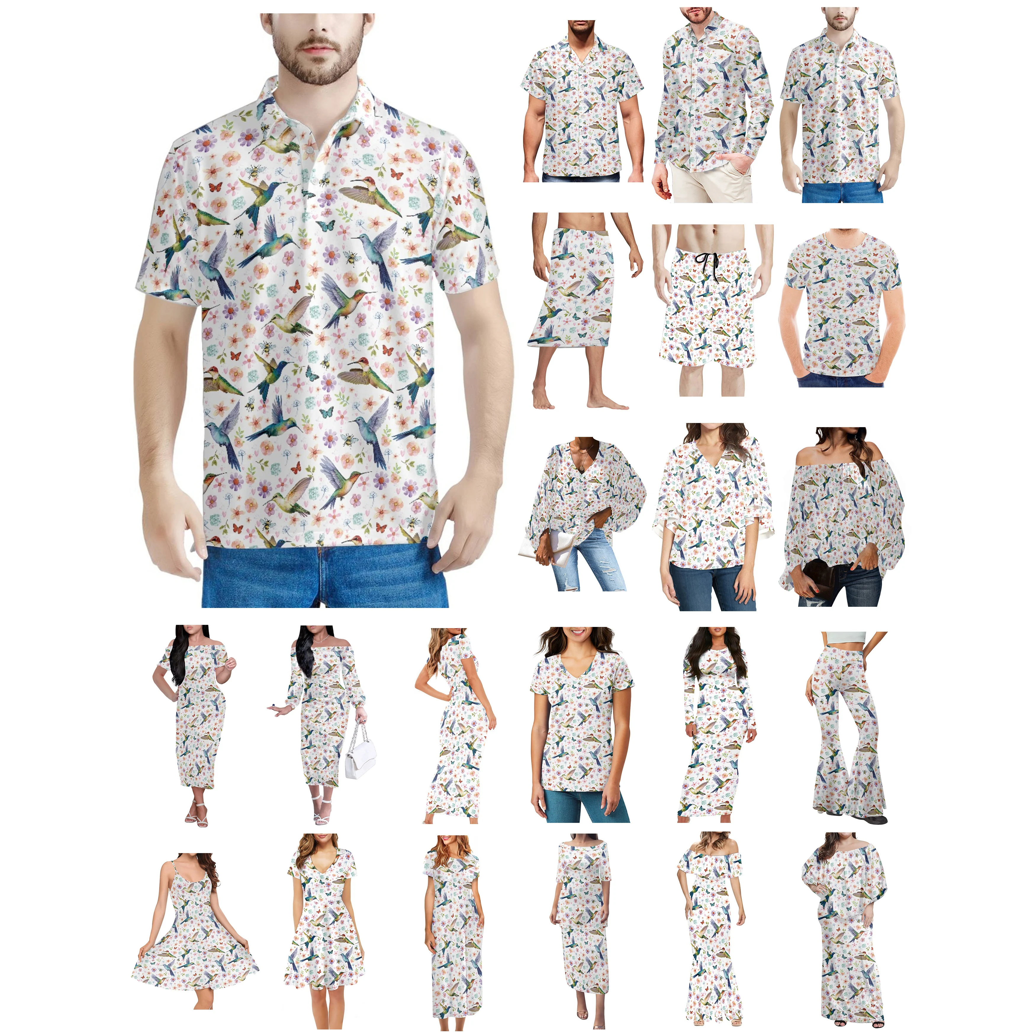 Men Short Sleeve Polo Shirt Drawstring Shorts Floral,Hummingbird Print Matching Women Puff Sleeves Chiffon Top Lover Clothes