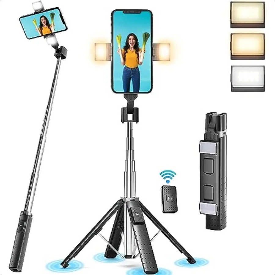 

41 Selfie Stick Tripod Quadrapod with 2 Rechargeable Fill Light Extendable Tripod with Bluetooth Remote Stainl Steel 3 Light Mo