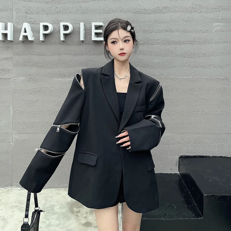 High Street Harajuku Suit Jacket with Multi Zipper Up Women Man Long Sleeves Loose Fit Outfit fall autumn gothic blazercoats y2k