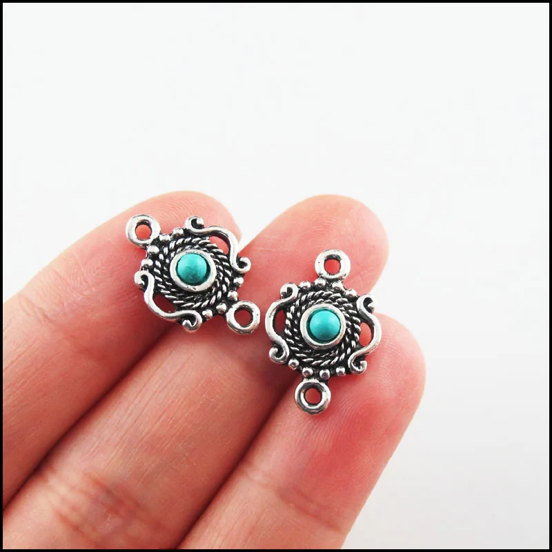 Fashion New Turquoise Stone Connectors Charms Flower Oval Round Tibetan Silver Plated Pendants Retro view 5