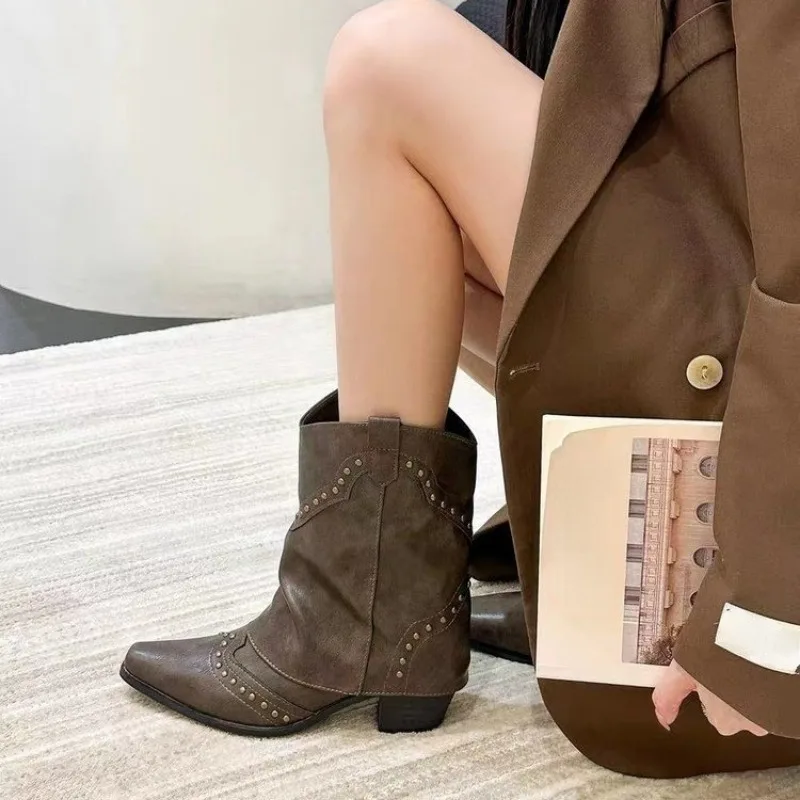 Woman Boots Shoes for Women 2023 Western Cowboy Thick Heels Retro New Rock Gothic Mid Calf Low Pointed Toe Autumn Winter Rivet