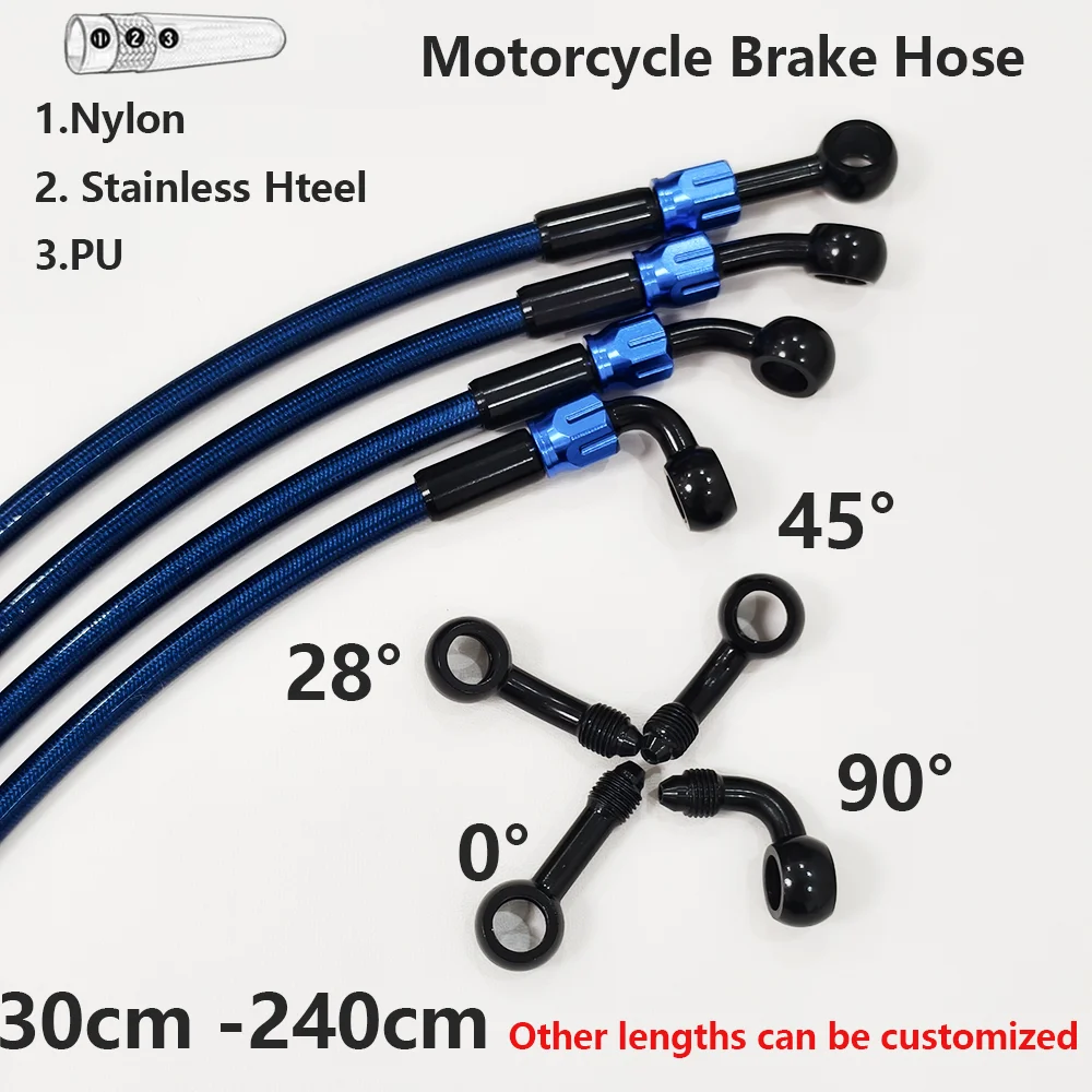 Manguera de freno y embrague trenzada de acero inoxidable M10 de 0,28, 45 y 90 grados para motocicleta, azul, con banjo giratorio de 360 grados