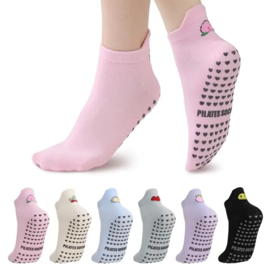 6 Pares de Calcetines de Pilates con Agarre para Mujer - Calcetines de Yoga Antideslizantes hasta el Tobillo, Calcetines de Algodón Suaves y Transpirables para Barre, Ballet, Bar