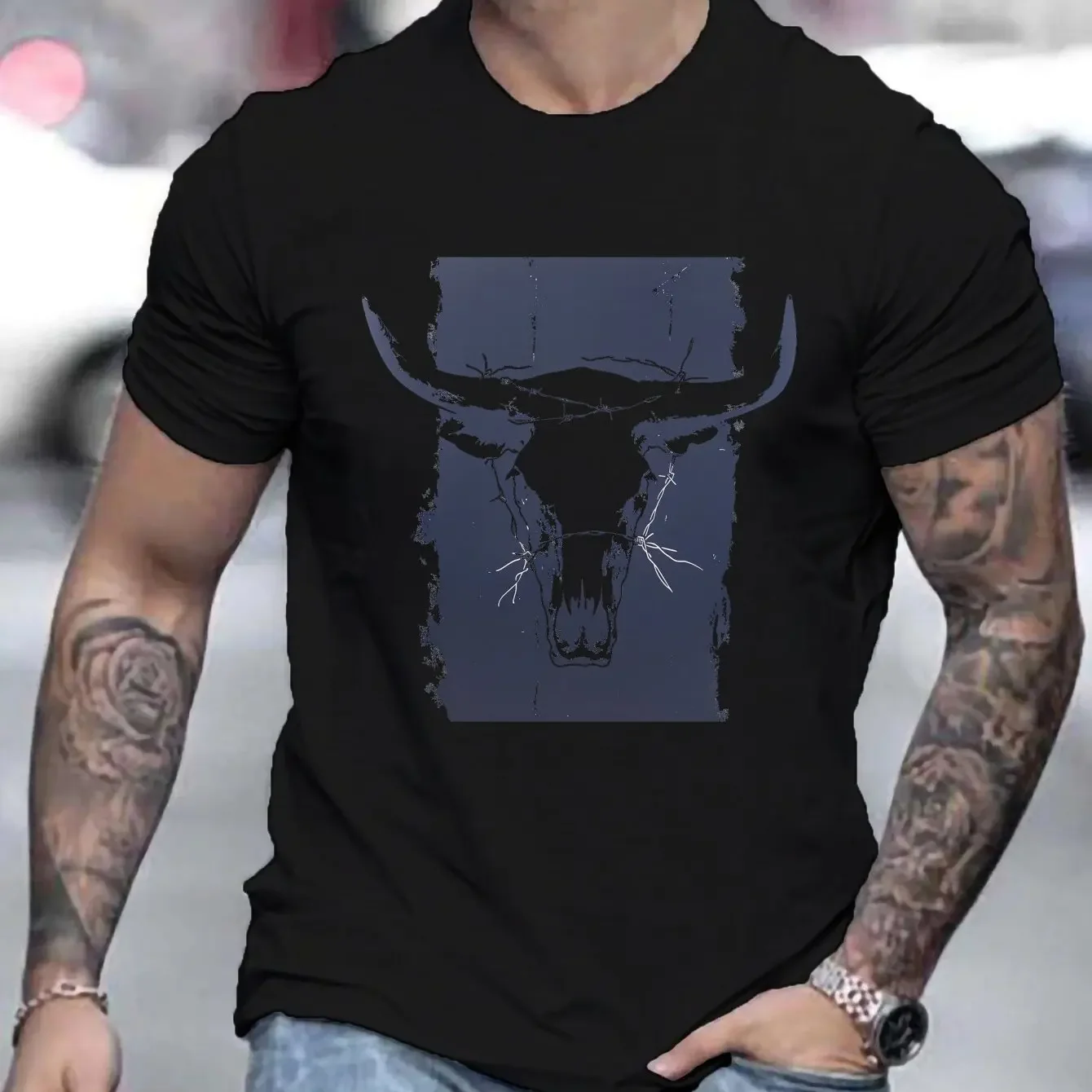 

Summer men's 100% pure cotton casual short-sleeved T-shirt with round neck and mooing bull head pattern printed top