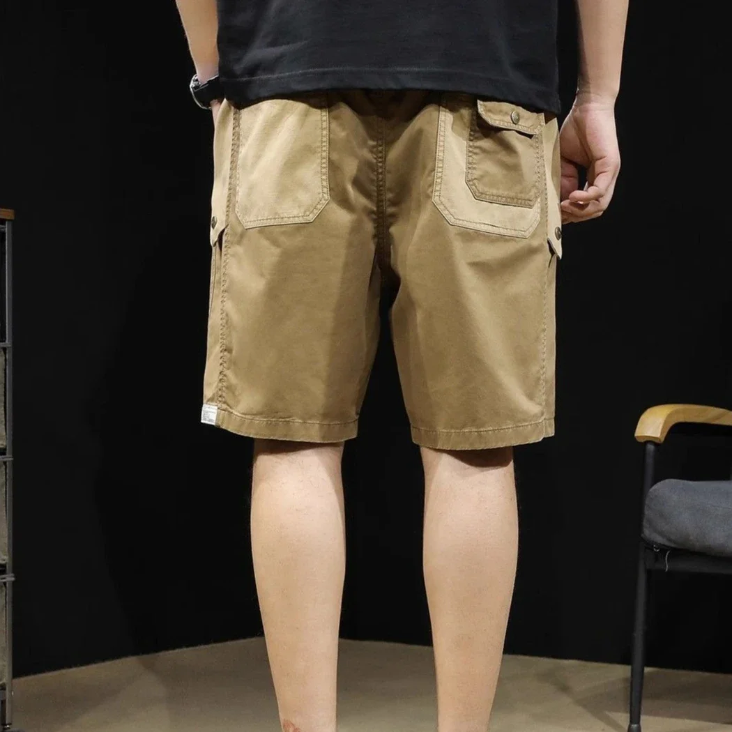 メンズカーゴショーツ、ポケット付きハーフ丈、伸縮性ウエスト、ルーズドローストリング、ロング丈、ビッグサイズ、バミューダショートパンツ、メンズ、ゆったり、無地、ワイド