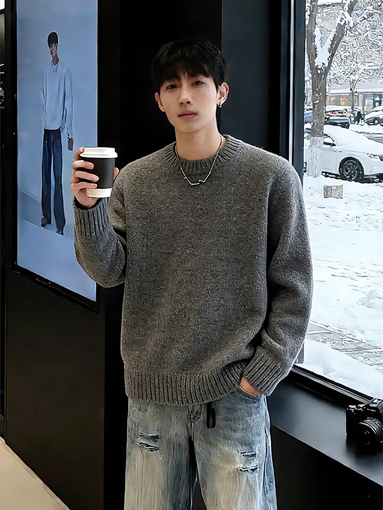 

Deep ey American Sle Men's round Ne Fce Lined Thiened Knitted Sweater Warm Base Layer irt for Autumn Winter