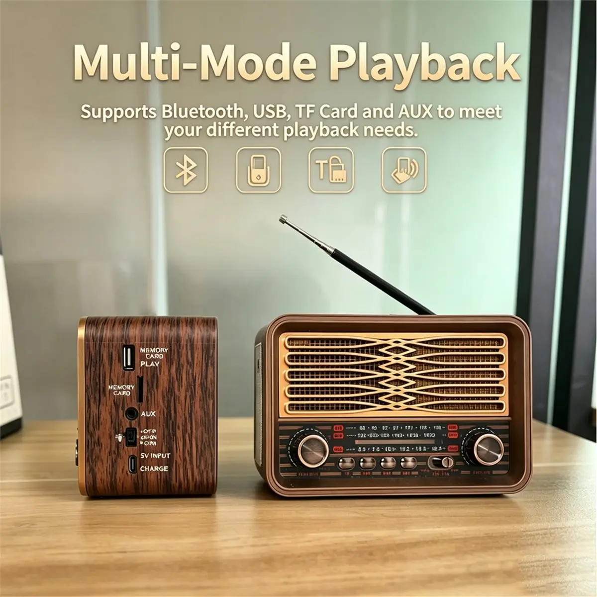 Multifunction Vintage Radio Portable FM AM SW Radio Wireless Bluetooth Speaker Soundbar with LED Flashlight