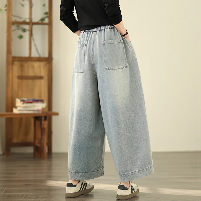Retro Chinese Sle Wide Leg Jeans Women's Straight Cut Trousers Personali Loose plus Size Slimming Effect Summer New Arrival