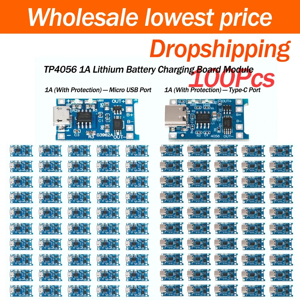 1~50PCS TP4056 1A Lithium Battery Charging Protection Module 2 In 1 Overcharge Protection Circuit Board Type C USB Interface