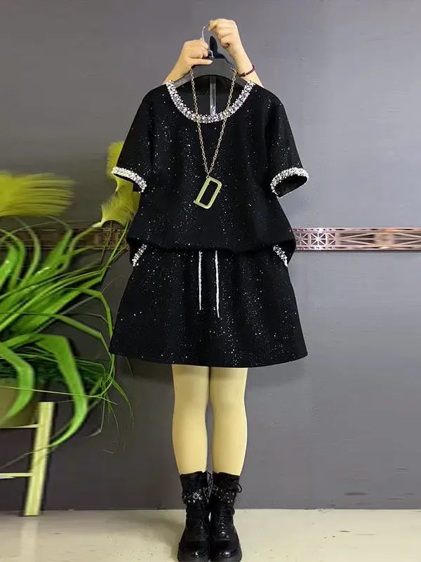 Fashionable Black Loose Short Sleeve T-Shirt Set Women's Summer New Style Casual Two-Piece Suit Star Bead Short Shorts