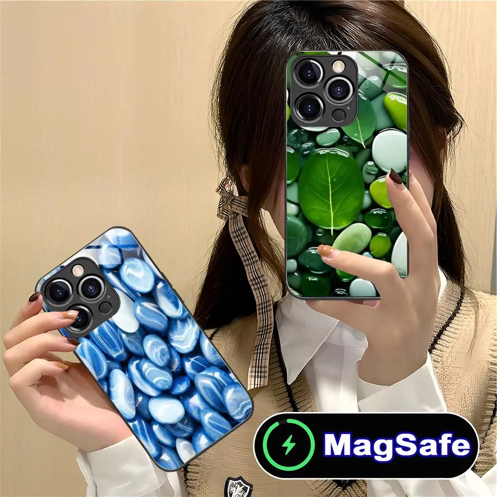 

Чехол для мобильного телефона с эстетическими камнями для iPhone 16, 15, 14, 13, 12, 11 Pro Max Plus Mini MagSafe, стеклянный цвет, защитный красивый чехол