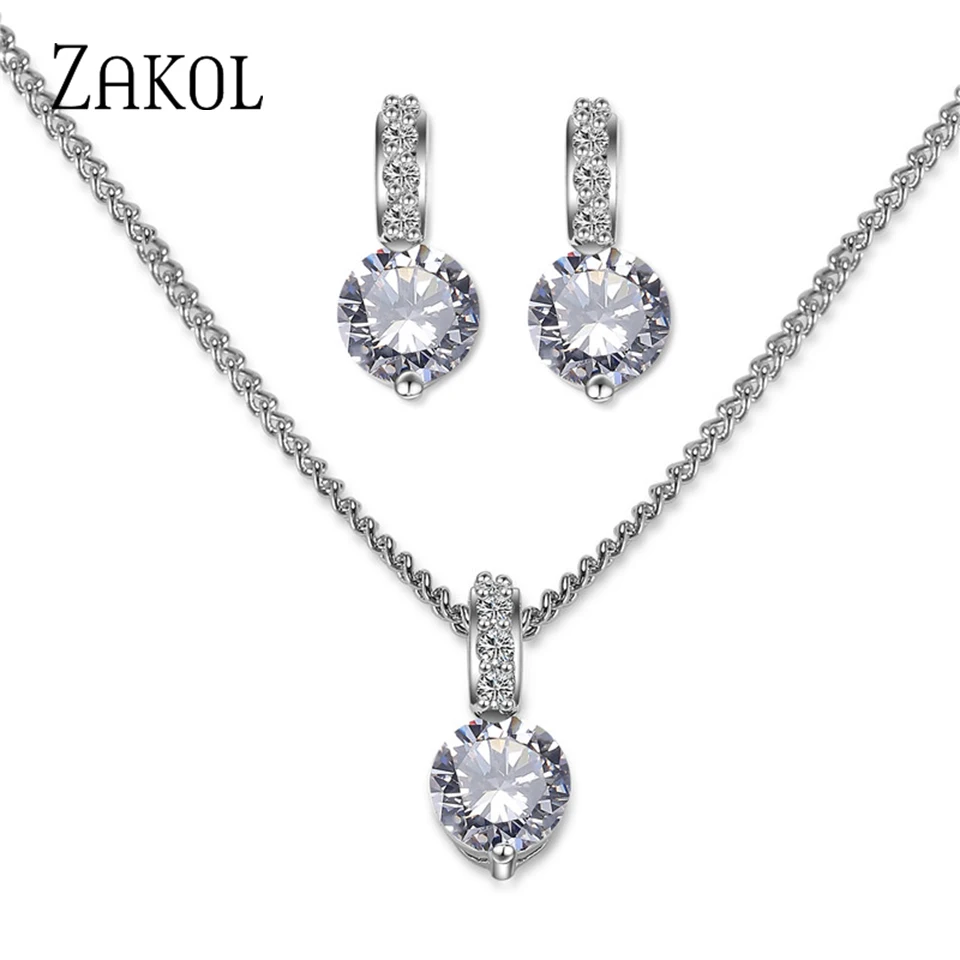 Elegant Bridal Wedding Jewelry Sets Female Round Clear Crystal Zirconia Pendant Necklace Earrings Party Jewellery for Women