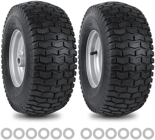

2 Pack 15x6.00-6 NHS Lawn Mower Tires with Wheel, 4-Ply, 570 lbs, 3/4" Iron Bushing, 12 Spacers