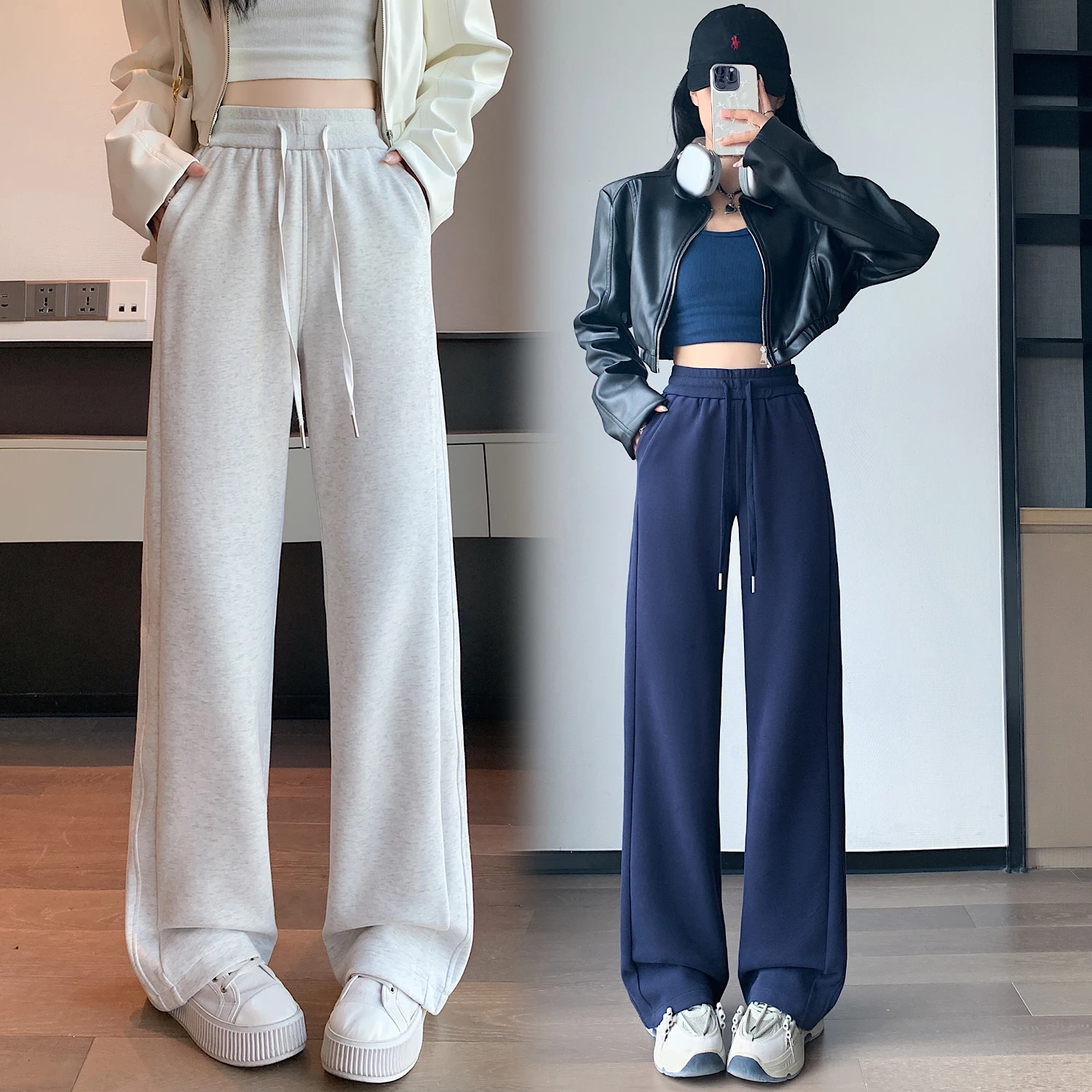 กางเกงวอร์มเอวสูงสไตล์วินเทจสำหรับผู้หญิง ฤดูใบไม้ร่วง ฤดูหนาว 2025 รุ่นใหม่ แต่งเชือกรูด ทรงขาบาน สวมใส่สบาย หลวม ยาวเต็มตัว