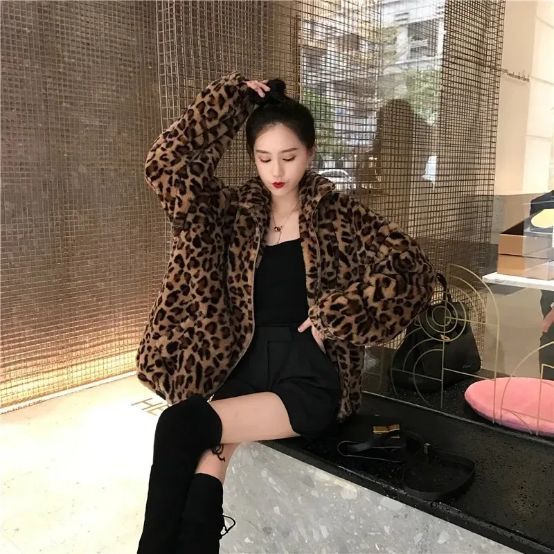 Women Vintage Leopard Stand Collar Zipper Outwear 2023 Winter Jacket Lady Loose oversized Fuzzy Coats Female Casual Streetwear