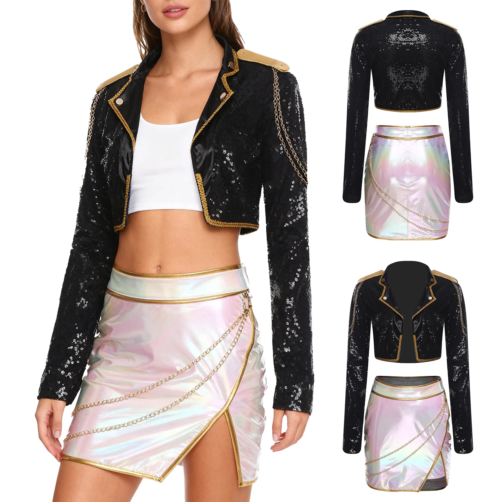 

Womens Kpop Singer Costume Metal Chain Decor Open Front Cardigan Cropped Jackets with Miniskirt for Carnival Christmas Dress Up