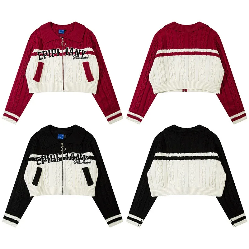 

Vintage Clashing Polo Neck Cardigan Sweaters Loose Hot Girls Short Knitting Outerwear Casual Female Long Sleeve Zipper Crop Tops