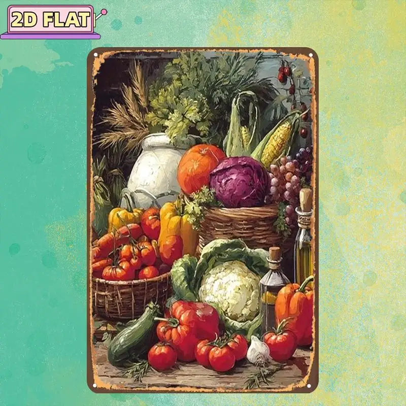 2D Flat, 2D Flat 1pc,A Bountiful Harvest of Fresh Vegetables and Fruits,metal Lron Sign,size(8