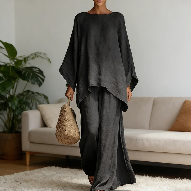 

Spring New Fashion Linen Loose Long-sleeved Wide-leg Trousers 2-piece Set Women Casual Retro Elegant Female Simple Suit