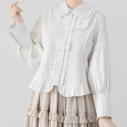 Victorian Vintage Lolita Blouses Women Japanese Harajuku Fashion Kawaii Tops Female Casual Peter Pan Collar Ruffles Cotton Shirt