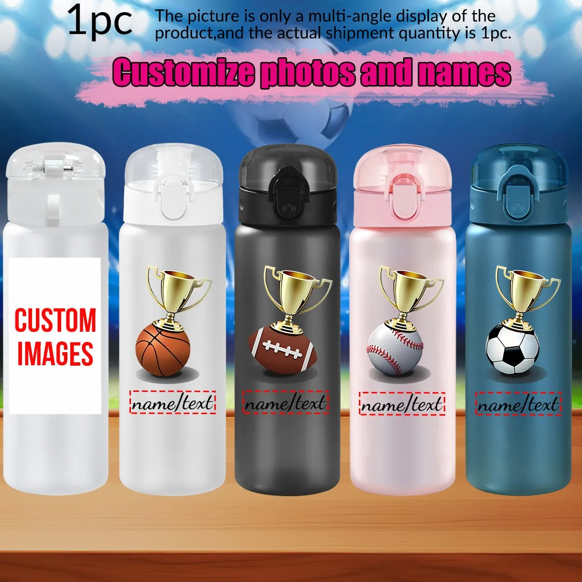 1pc custom photo name 780ml/26oz outdoor travel sports cup with rope leak-proof plastic water bottle