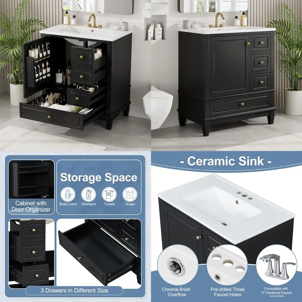 

30 inch black bathroom vanity with sink,modern bathroom vanity with 3 drawers & gold handles,drop-in with integrated countertop,