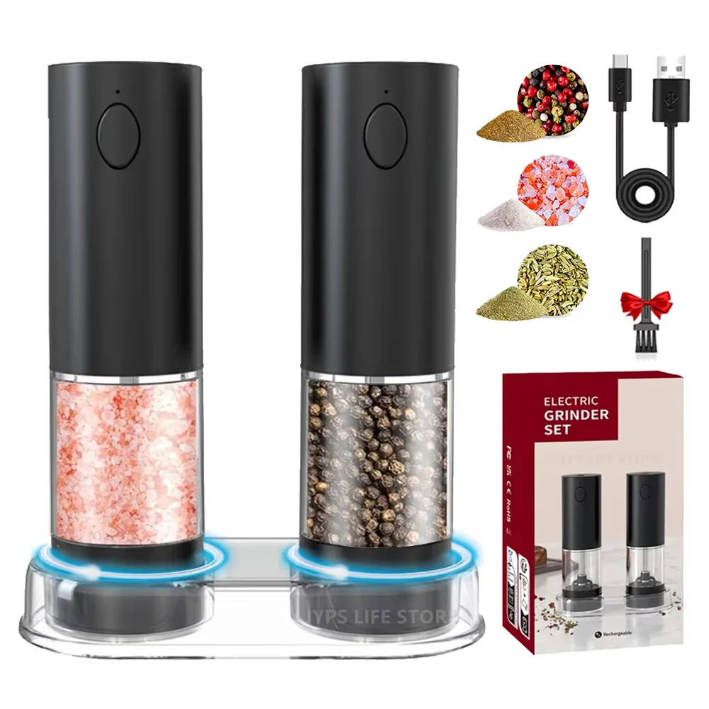 Rechargeable Electric Salt and Pepper Grinder USB Charging Spice Mill With LED light Adjustable Coarseness Pepper Mill Kit Gifts