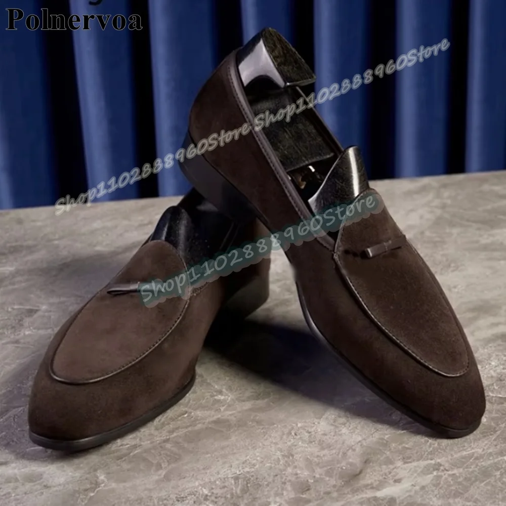 

Banquet Coffee Color Suede Handmade Men Pumps Flats Dress Shoes For Men Slip On Formal Catwalk Fashionable 2026 Trendy Men Pumps