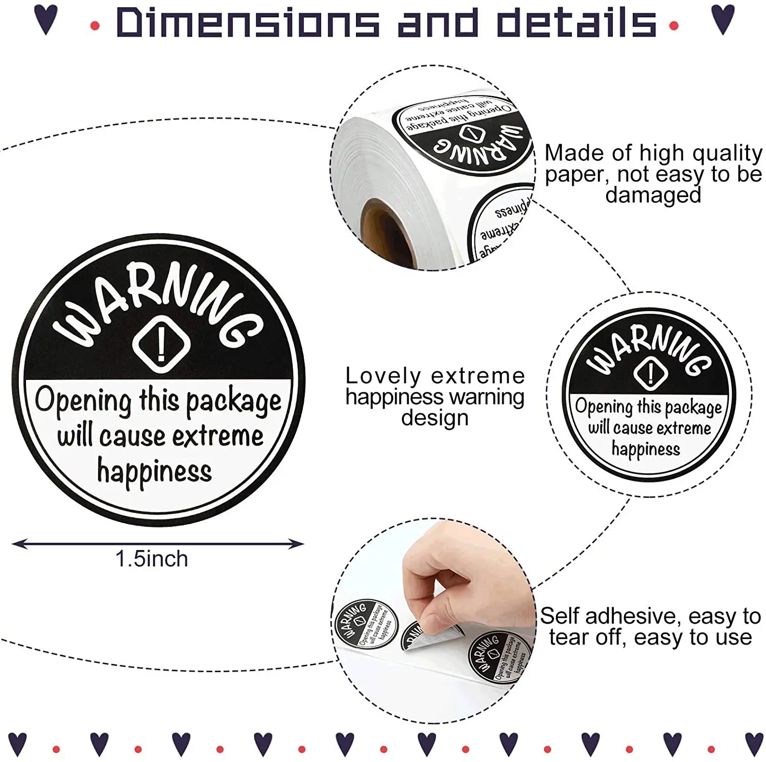 500Pcs/roll Black White Adorable Warning Sticker Labels Extreme Happiness Labels for Business Gift Wrapping Decoration