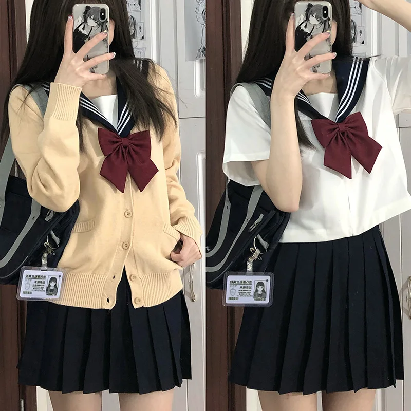 الأبيض ثلاثة الأساسية بحار زي المرأة JK موحدة اليابانية زي مدرسي فتاة مثير الأحمر التعادل طويلة الأكمام دعوى مطوي تنورة