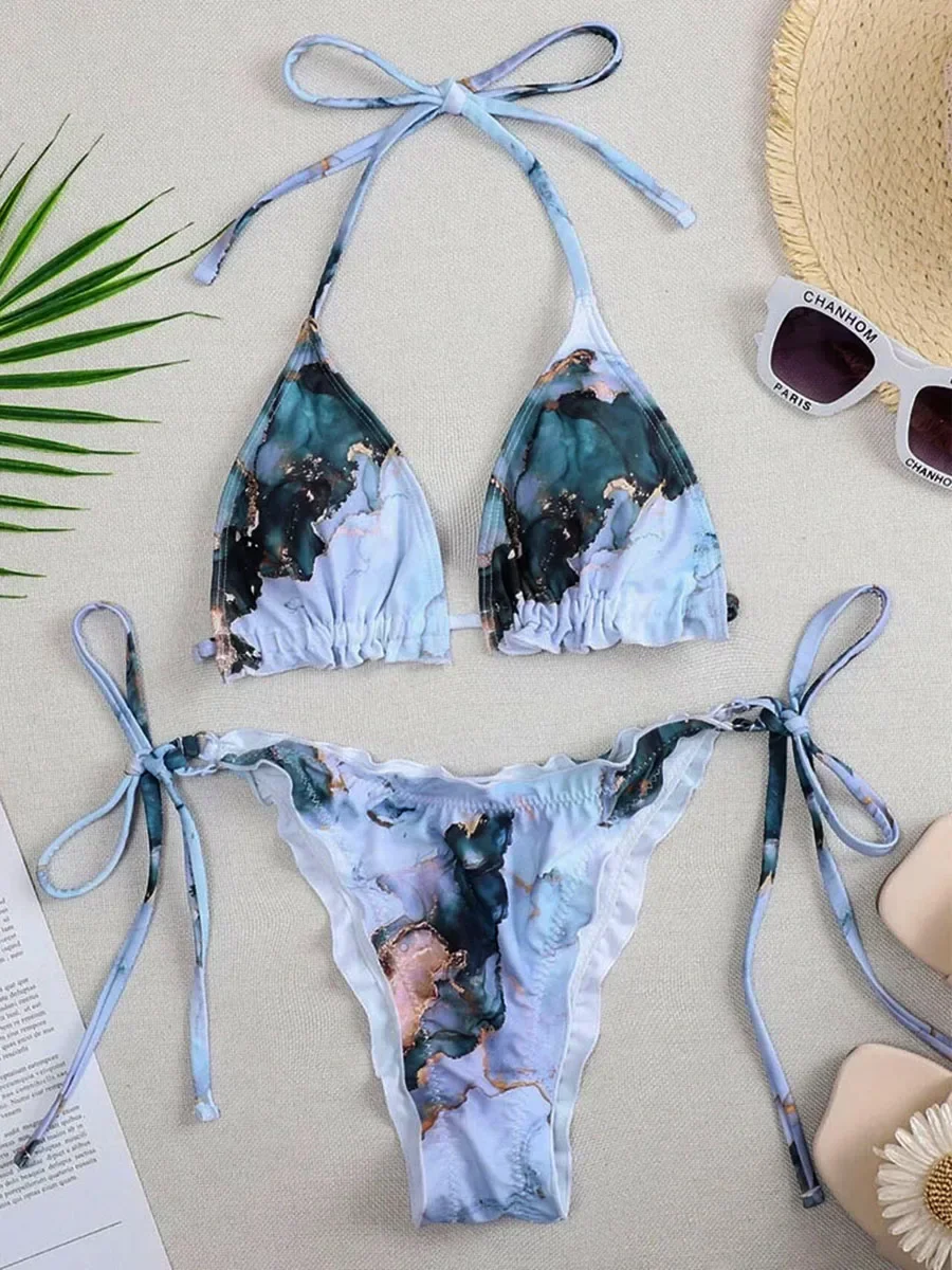 Marble Printed Halter String Ruffle Frilled Bikini Women Swimsuit Female Swimwear Two pieces Bikini Set Bather bathing suit Swim