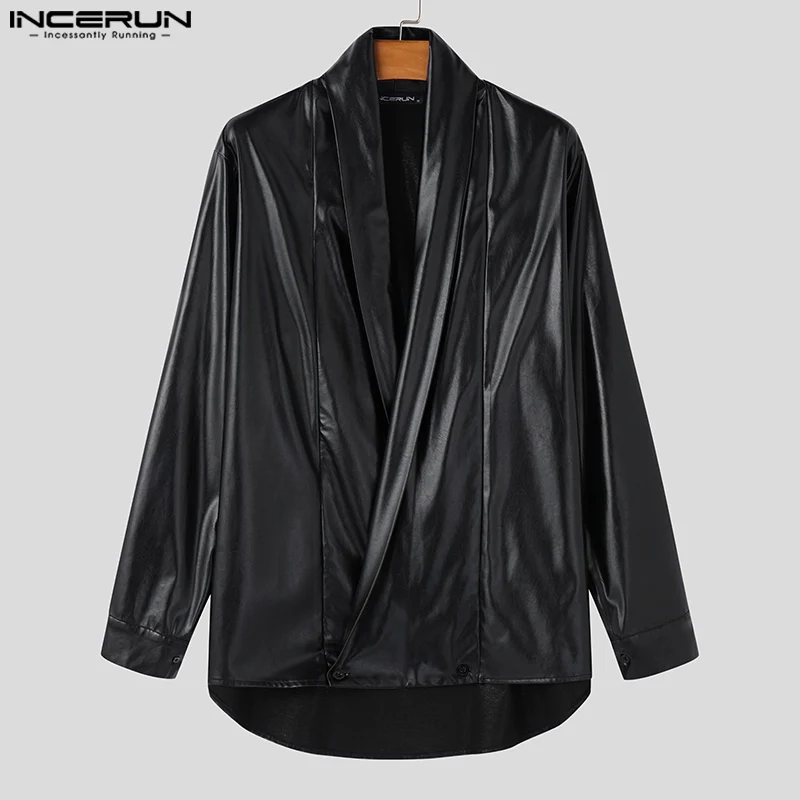 Fashion Casual Style Tops INCERUN New Men\'s Swing Neck Design Faux Leather Shirt Sexy Handsome Male Hot Sale Long Sleeved Blouse