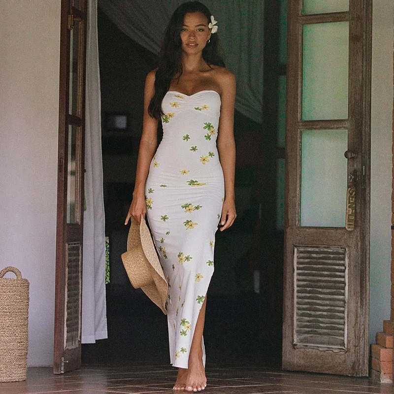 Euro-american Vacation Sexy Wrap Dress, Slit High Waist,Slim Temperament Printed Skirt,Chest Bound And Slit In 2024