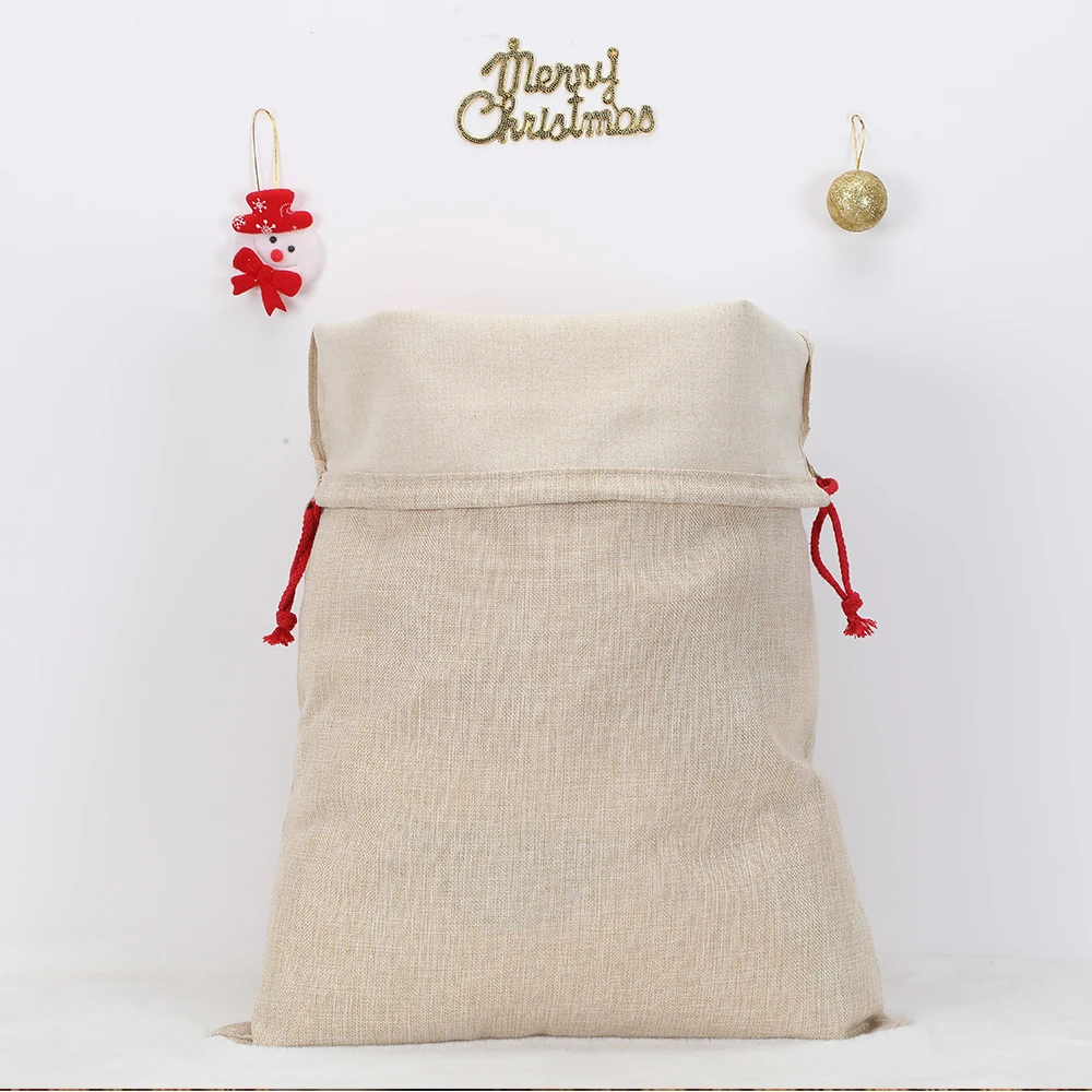 Falso serapilheira natal santa saco linene estilo clássico corda cordão personalizado em branco presente saco de grandes dimensões presente de natal para ela