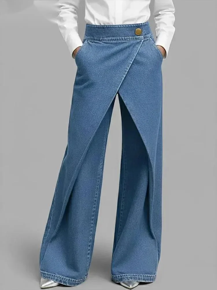 American Style Trendy Jeans High Waist Irregular Spliced 2 Colors Loose All Match Wide Leg Denim Pants 2026 Spring 4OQT