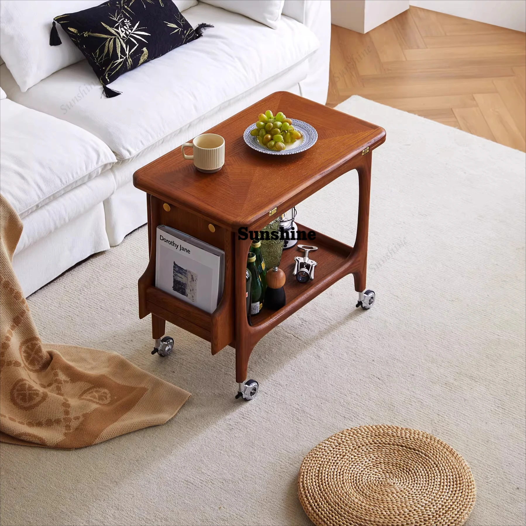 Second-hand solid wood multi-functional mobile side table, living room small apartment cart folding table