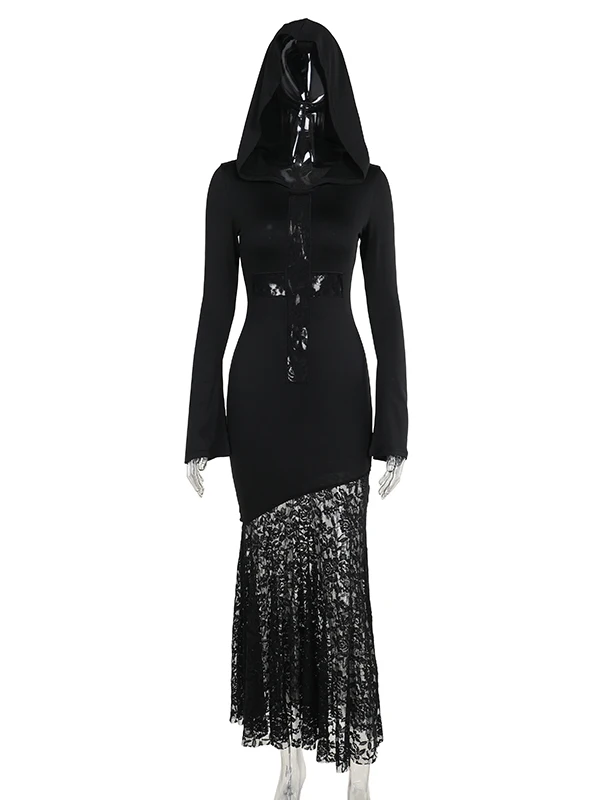 Bruja de Halloween cos gótico encaje negro mangas largas vestidos sexy temperamento chica subcultura cintura alta ajustado vestido con capucha de calle