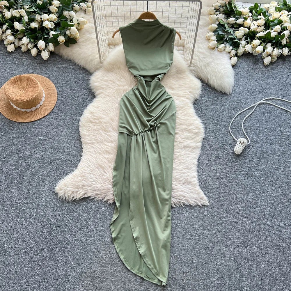 Chic vintage sleeveless split pencil dress Elegant Fairy korean fashion Boho Sundress women clothing Long dress