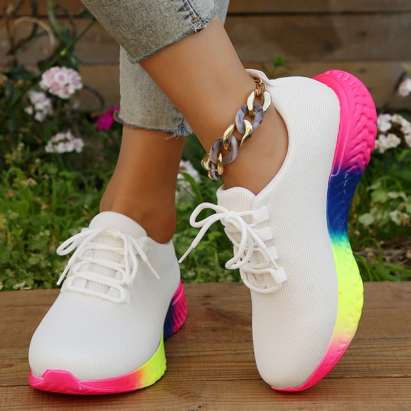 Fashion Rainbow Sole Knit Sneakers Women Mesh Breathable Platform Sports Shoes Woman Non Slip Yellow Running Sneakers Plus Size