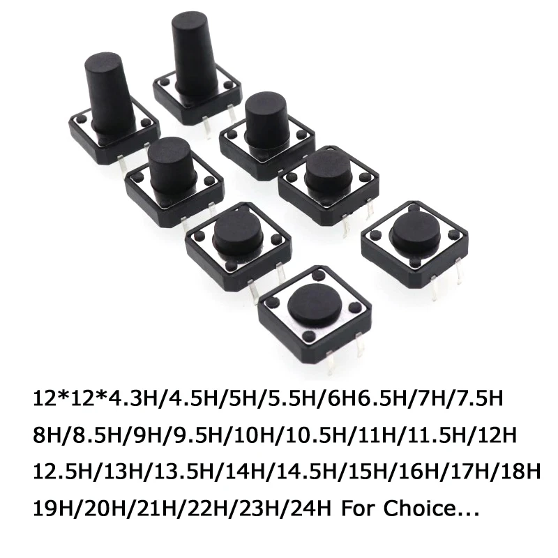 500 Stuks 12*12*22/20/19/18/17/16/15/14/13/12/11/10/9/8/7/6/5/4.5Mm Tactiele Drukknopschakelaar Duurzaam 4pin Tact Aanraakschakelaar Zwart