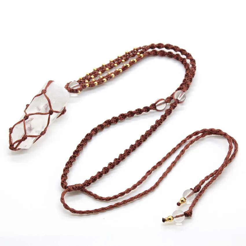 Кристаллический кварц макраме плетеный камень кулон ожерелье для женщин натуральный нерегулярный горный кристалл ручной работы веревка обернутая плетеная цепочка