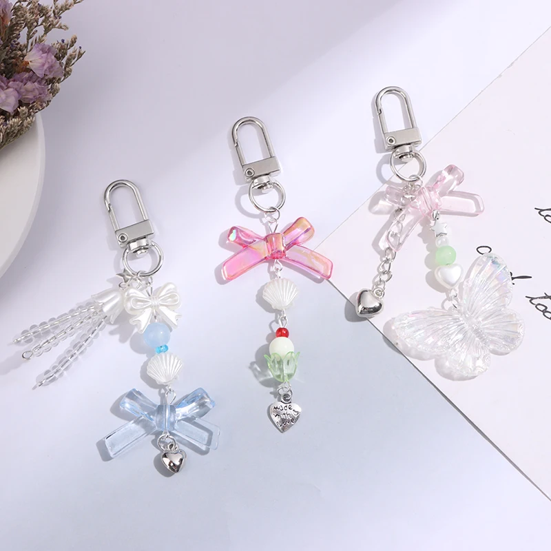 1PC Sweet Ins Car Bag DIY Accessories Y2k Girl Heart Butterflies Tassels Pendant Beaded Keychain Phone Ornaments