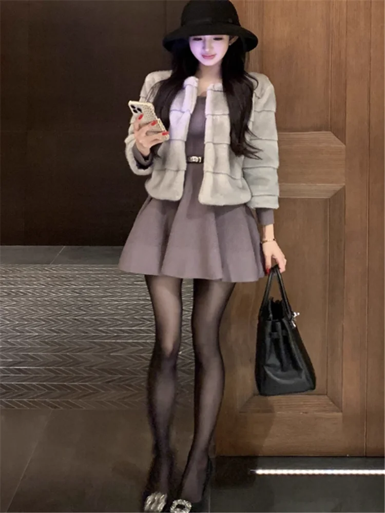 Elegante celebrità nuova autunno set da 2 pezzi o collo lavorato a maglia una linea mini abito e imitazione pelliccia di visone giacca corta 2 pezzi gonna adatta
